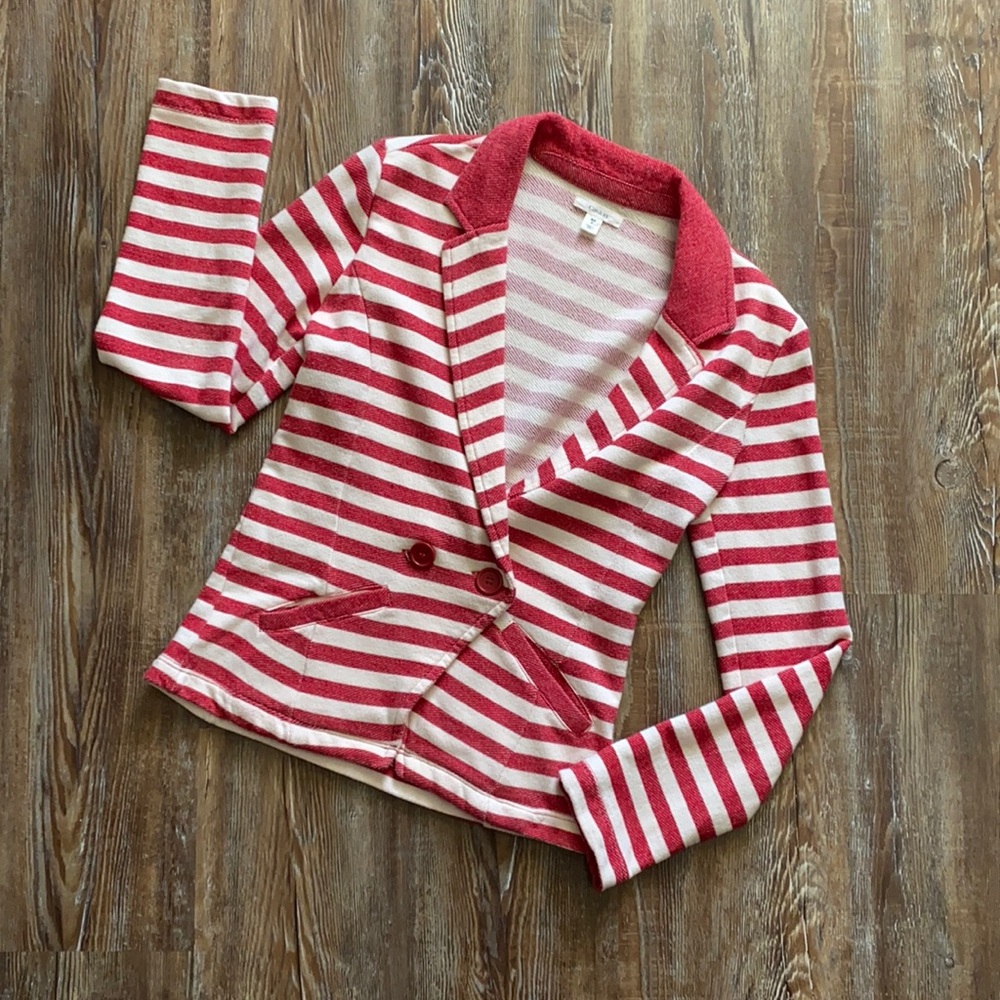 Caslon Red & White Collared Striped Long Sleeve Jacket